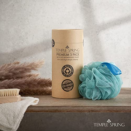 Temple Spring Shower Loofahs 3 Pack - Natural Recycled Shower Puffs for Body Set for Men and Women - Loofah Exfoliating Body Scrubber, Bath Poufs or Shower Scrunchie - Ocean Blue