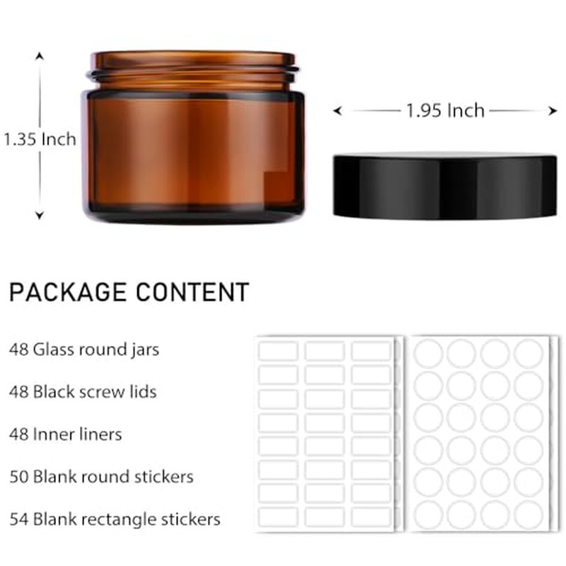 Bumobum 1 oz Amber Glass Jars with Lids, 105 pack Clear Small Jars with Black Lids, White Labels and Inner Liners, Empty Round Cosmetic Containers for Cream, Lotion (Amber 105 Pack)