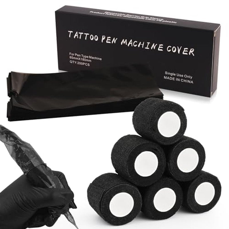 200PCS Pen Covers with 6PCS Grip Tape - Combofix Machine Wrap Cover Pink Pen Bags Pen Sleeves Machine Sleeves with Black Grip Wrap Self-Adherent Tape Plastic Covers