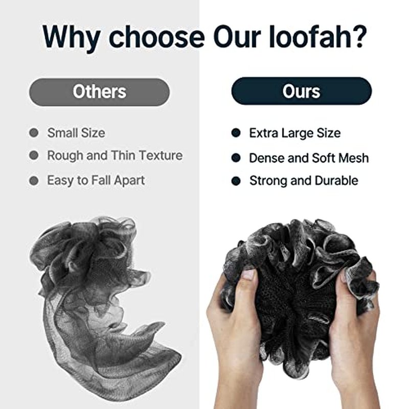 AmazerBath Loofah Sponge, Shower Loofah for Men and Women - Body Scrubber Loofa Set of 3 Classic Black & White Edge, Bath Sponge 60g/PCS