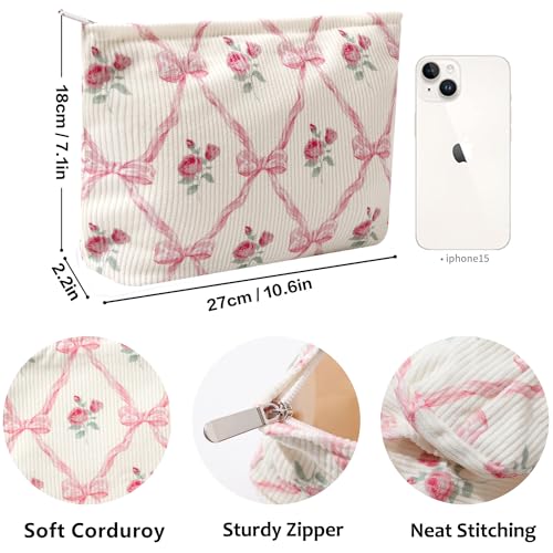 Cosmetic Bags for Women - Corduroy Cosmetic Bag Aesthetic Women Handbags Purses Smile Dots Makeup Organizer Storage Makeup Bag Girls Case Bags (Flowers-Navy blue)