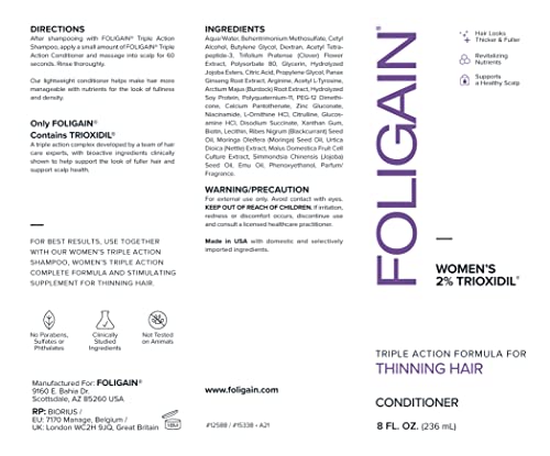 Foligain Triple Action Conditioner For Thinning Hair, Volumizing Conditioner for Women, 8 Fl. Oz. (Pack of 3)