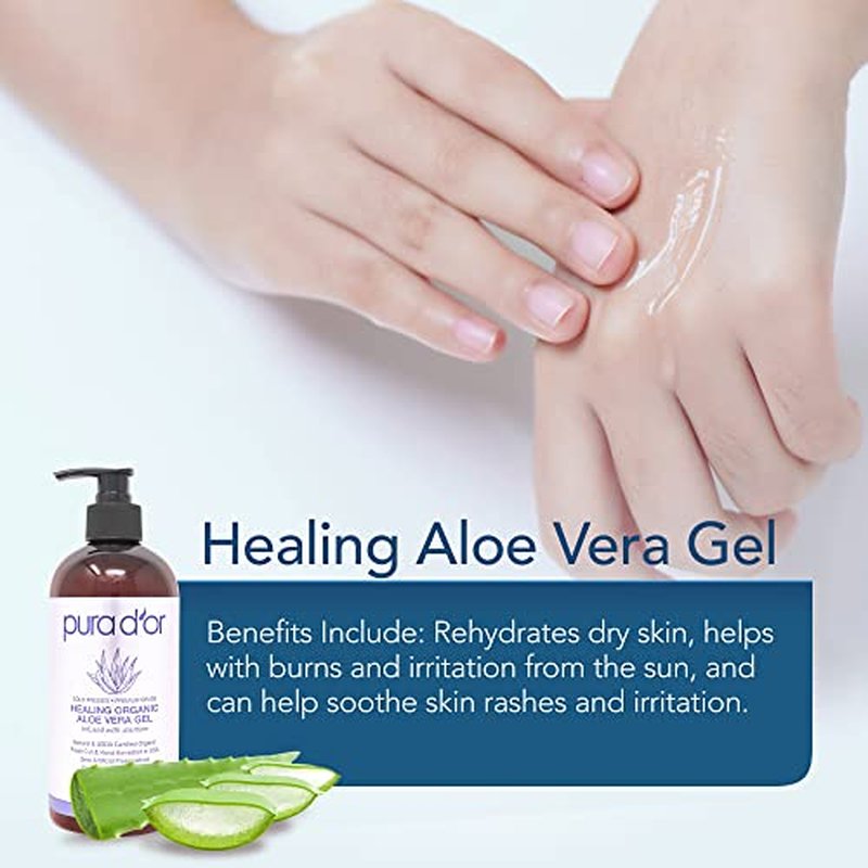 PURA D'OR 16 Oz ORGANIC Aloe Vera Gel - Lavender - All Natural - ZERO Artificial Preservatives - Deeply Hydrating & Moisturizing - Sunburn, Bug Bites, Rashes, Small Cuts, Eczema Relief - Skin & Hair