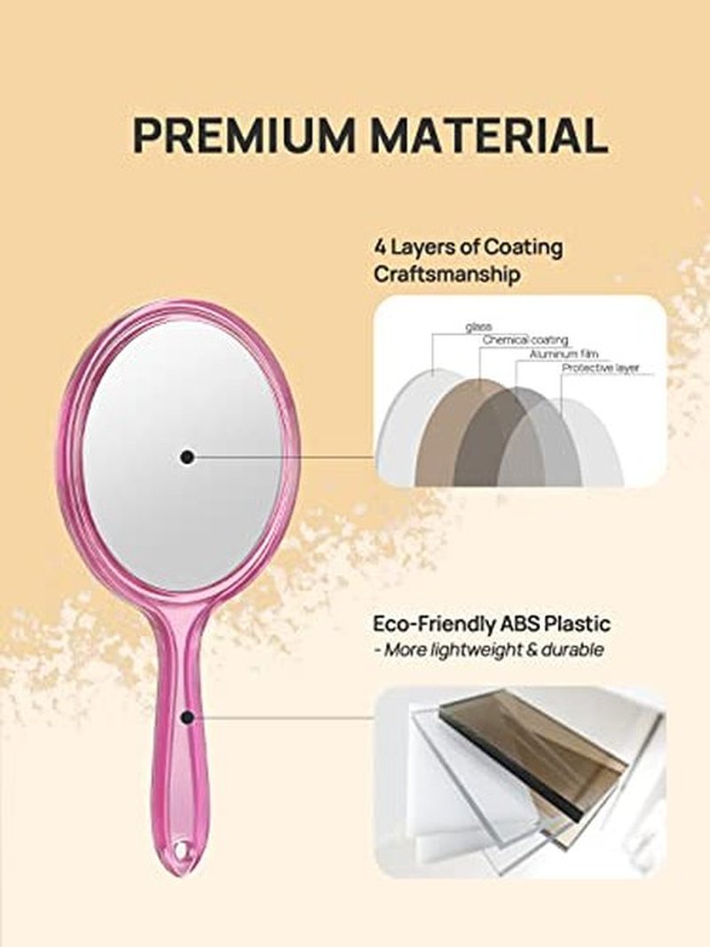OMIRO Hand Mirror, Double-Sided Handheld Mirror 1X/3X Magnifying Mirror with Handle, Pack of 1 (Transparent Pink)