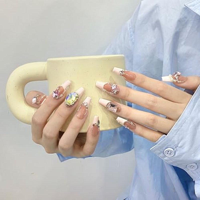Wsliana Handmade Press On Nails Medium Coffin Shape Mid French Tip Design Rhinestone Details White and Pink 10pcs Glue On Acrylic Fake Nails with Storage Box Comfortable Nail Kit (079 S)