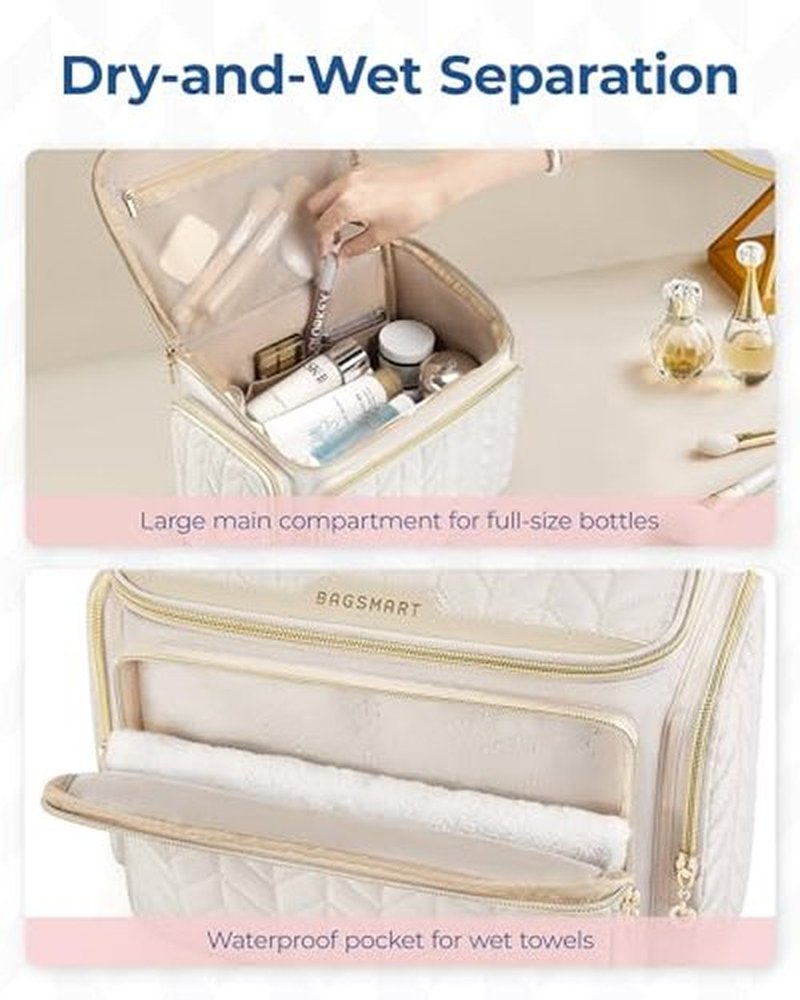 BAGSMART Travel Toiletry Bag, Large Wide-open Travel Bag for Toiletries, Makeup Cosmetic Travel Bag with Handle-Beige