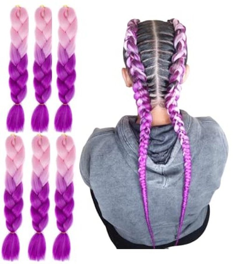 Braiding Hair Extension Jumbo Ombre Colorful for Crochet Braiding 6 Packs (High temperature, Synthetic Fiber, 24 inches) (6 Bundles, Pink to Purple)