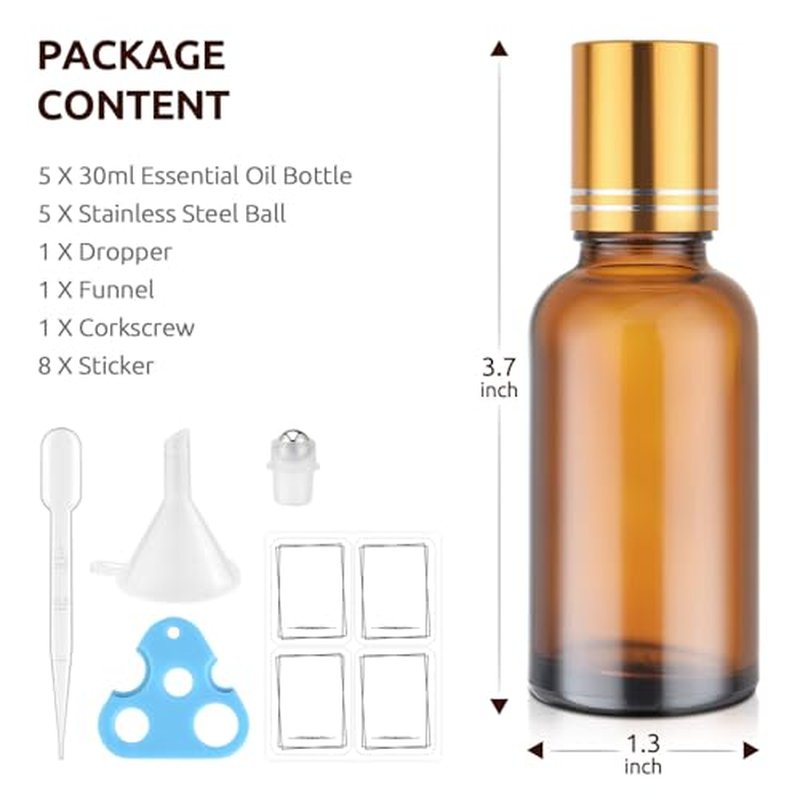bofessor 30ml Glass Roller Bottles 5-Pack, Refillable Roll-On Bottles for Essential Oils, Perfume, and DIY Blends with Stainless Steel Rollers-Amber