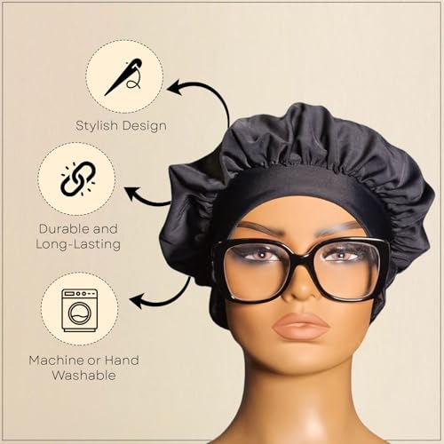 EARTWOEAR Bonnet, Hair Bonnet for Sleeping, Women Sleep Cap Hair Bonnet, Polyester/Lycra Blend Sleep Bonnet, Full Bonnet with Ear Slots (Black)