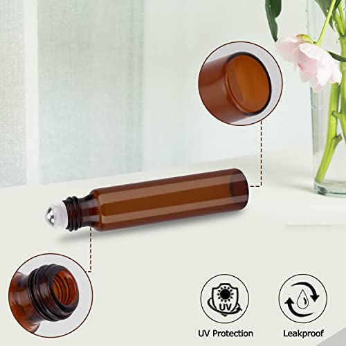 sungwoo 4 Pack Essential Oil Roller Bottles Stainless Steel, 10ml Amber Glass Roller Bottles with Caps for Travel, Perfume and Lip Gloss