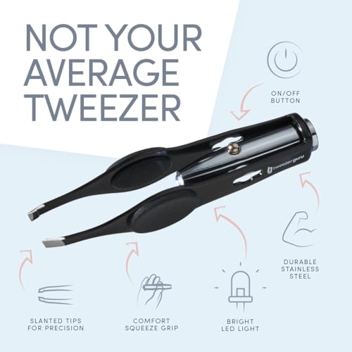 Tweezer Guru Pro Illuminating Eyebrow Tweezers for Women & Men Professional Stainless Steel Slanted Tweezers with LED Light Mirror Pouch Precision Tweezers for Brow Facial Hair Ingrown Hair Silver