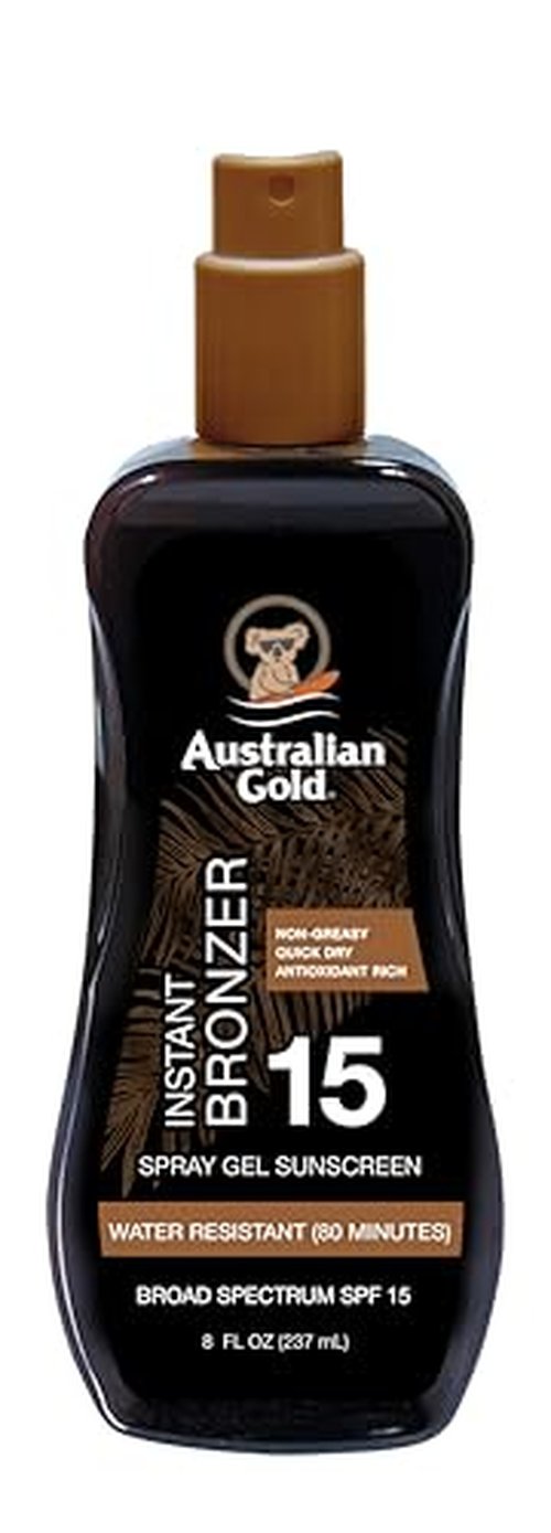 Australian Gold Spray Gel Sunscreen with Instant Bronzer SPF 15, 8 Ounce | Moisturize & Hydrate Skin | Broad Spectrum | Water Resistant | Non-Greasy | Oxybenzone Free | Cruelty Free