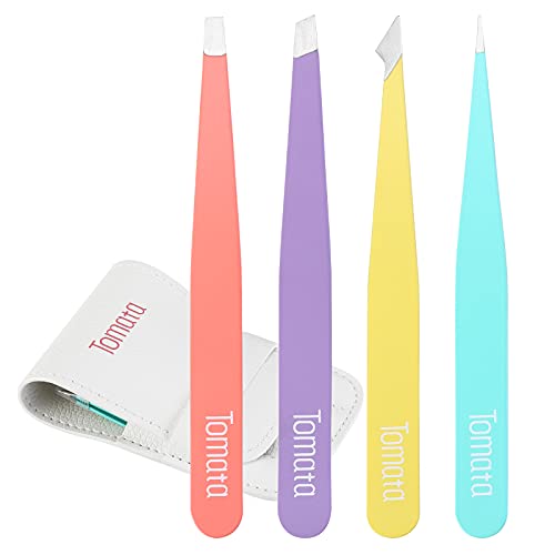 Tomata Tweezers for Eyebrows, Slant Tip and Pointed Eyebrow Tweezer Set Great Precision for Eyebrows Facial Hair, Ingrown Hair, Splinter, Blackhead and Tick Remover (4-piece) (pink)