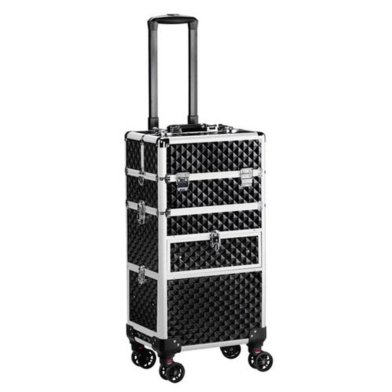 Imseigo 2-In-1 Makeup Train Case Large Storage, Detachable Universal Wheels, Portable Aluminum Cosmetic Trolley, Makeup Travel Case with Diamond Pattern Makeup Artists, Manicurists (Black)