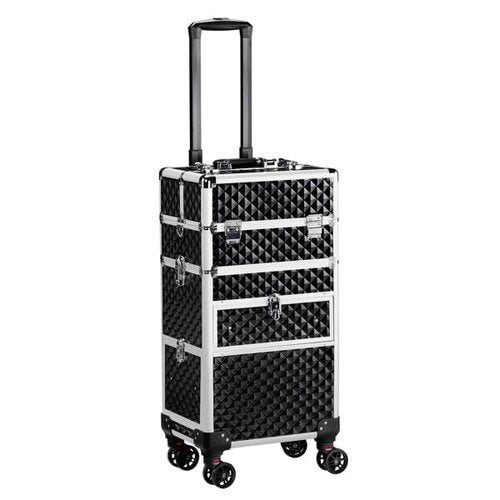 Imseigo 2-In-1 Makeup Train Case Large Storage, Detachable Universal Wheels, Portable Aluminum Cosmetic Trolley, Makeup Travel Case with Diamond Pattern Makeup Artists, Manicurists (Black)