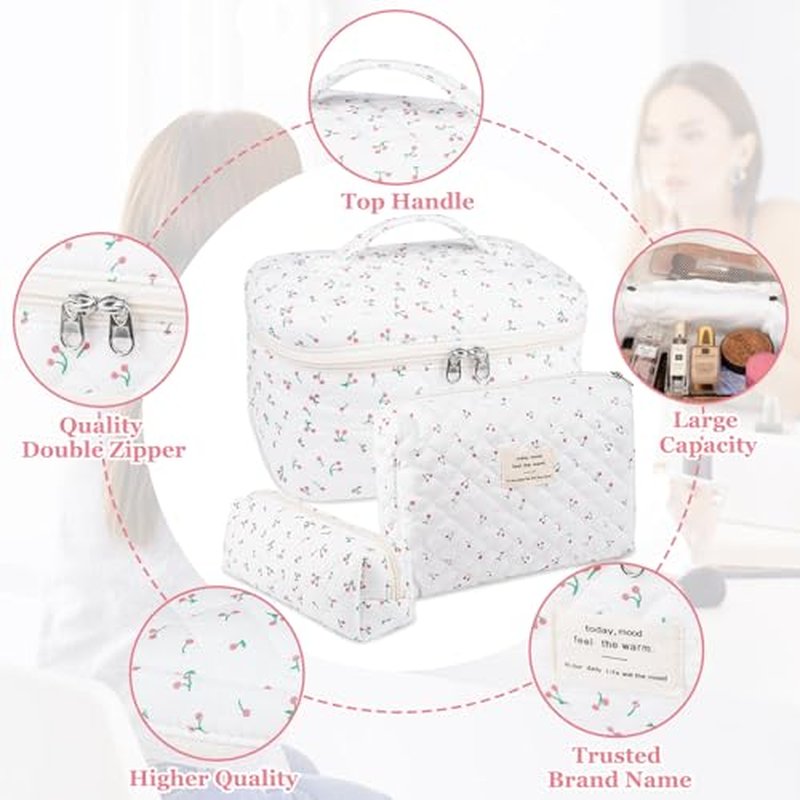 Makeup Bag Set, Quilted Makeup Bag, Large Floral Cosmetic Bag for Women, Cute Cotton Makeup Bags, Flower Travel Toiletry Organizer Bag (South Twigs Flower)