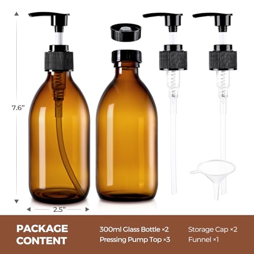 Glass Pump Bottle Dispenser 10.8 oz，Homepicker Lotion Bottle with Pump for Body Oil，300ml Amber Glass Bottles with 1 Extra Pump Tops, Black Caps, Labels (2 Pack)