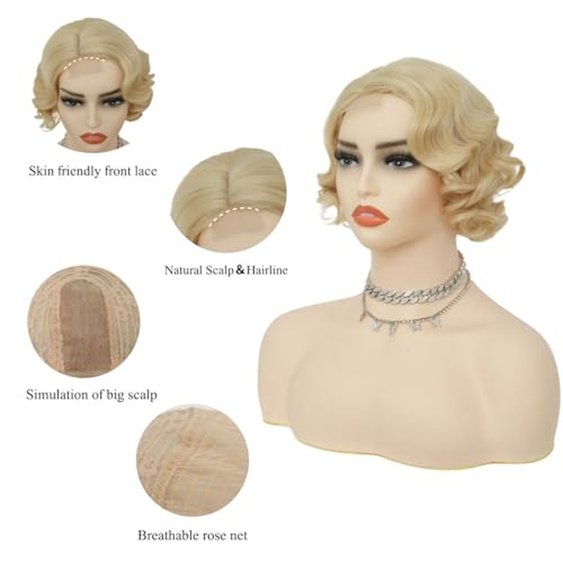 Salaibs Blonde 1920s Short Curly Finger Wave Wigs for Women Synthetic Fibre Vintage Cosplay Costume Hair Wig