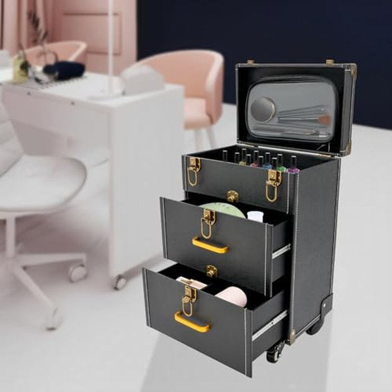 Rolling Makeup Case, Makeup Case Cart, Professional Embroidery Nail Case, Makeup Case with Wheels, Tattoo Travel Case for Nail Technicians, Cosmetologists and Stylists, Black (Black)