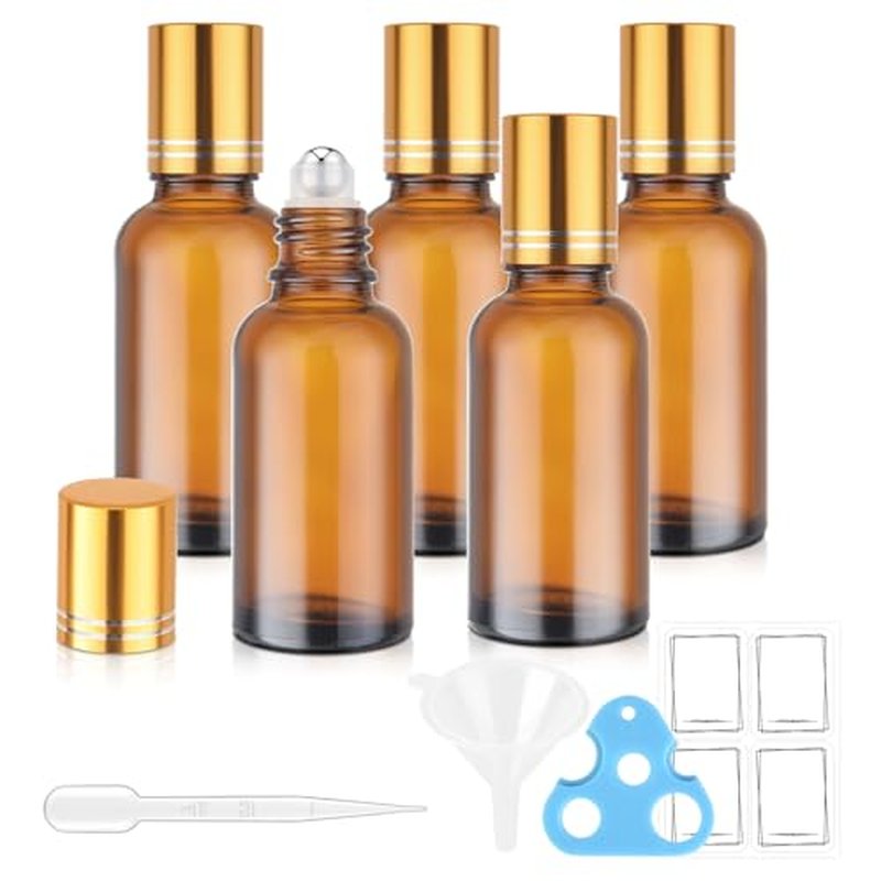 bofessor 30ml Glass Roller Bottles 5-Pack, Refillable Roll-On Bottles for Essential Oils, Perfume, and DIY Blends with Stainless Steel Rollers-Amber