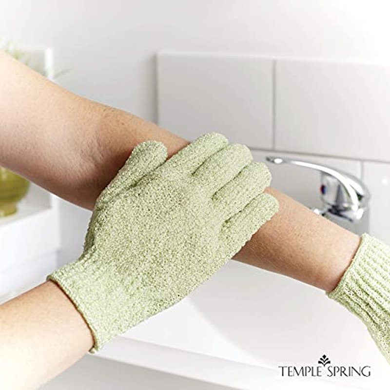 Temple Spring Exfoliating Gloves - Rayon Bamboo Bath/Shower Gloves, Bath Gloves for Shower Exfoliating and Ingrown Hair/Dead Skin Remover - Exfoliator Mitt Scrub Gloves - Sage Green