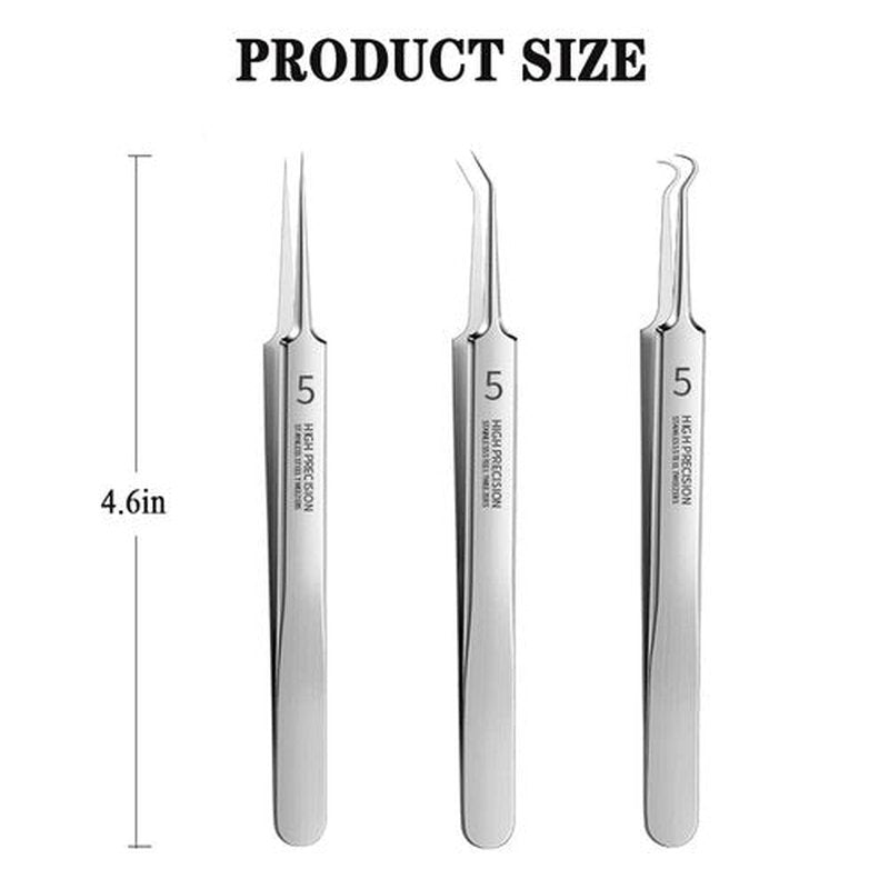 Professional Facial Blackhead Remover Tweezers,3Pcs Precision Pimple Popper Tool Kit for Whitehead Ance Blemishs Comedones Stainless Steel Makeup Tool - Glossy