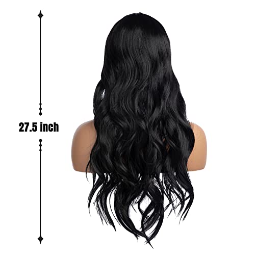 RicHyun Black Wig Long Curly Wavy Black Wig Middle Part Cosplay Wig Synthetic Heat Resistant Costume Halloween Wigs for Women Girls (Black)