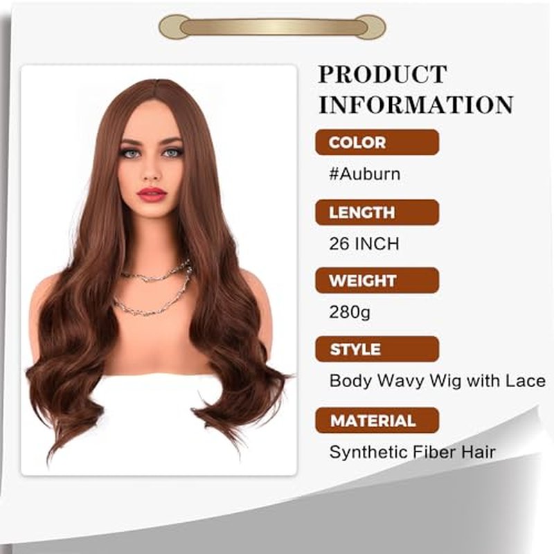 TOZIKA Red Wig Long Copper Red Auburn Wig for Black Women 26 Inch Wavy Wig Natural Looking Synthetic Middle Part Curly Wavy Wig for Daily Party Use Heat Resistant Fiber Wig
