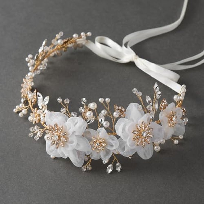 SWEETV Flower Wedding Headpieces for Bride Rhinestone Bridal Headband handmade bride hair vine wedding hair piece for bride hair accessories for Women and Girls Gold