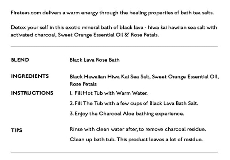 FIRE TEAS Black Lava & Roses Bath Salt - Hiwa Kai Hawaiian Sea Salt w/Activated Charcoal, Sweet Orange Essential Oil, Rose Petals