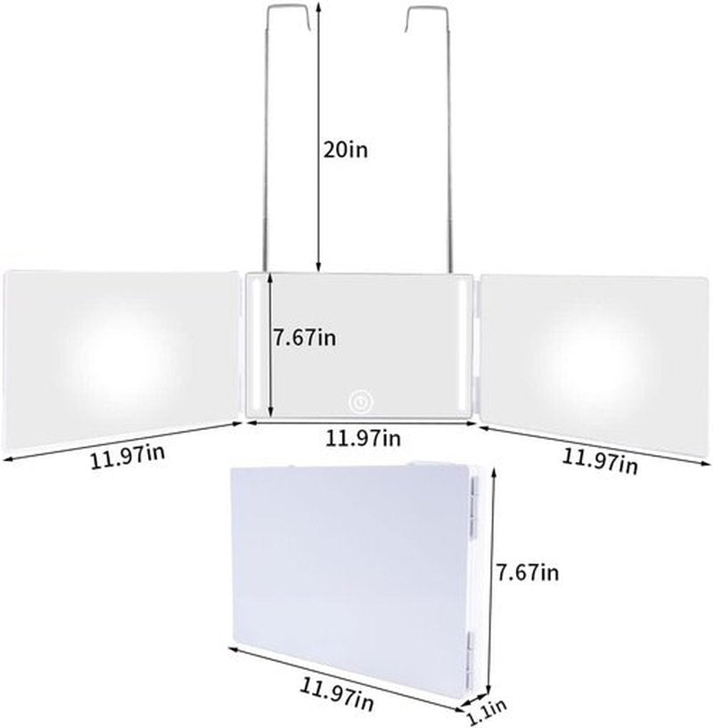 LED 3 Way Mirror with Adjustable Lighting for Self Hair Cutting, 360 Mirror for Men Shaving & Women Dyeing Hair Braiding, Portable for Travel, Bedrooms, Bathroom (White)