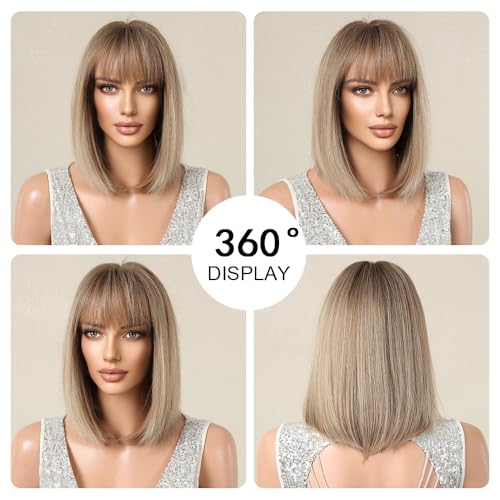 OUFEI Ombre Blonde Bob Wigs for Women Short Straight Wig with Bangs Synthetic Hair Heat Resistant Wigs for Daily Party Cosplay Wear
