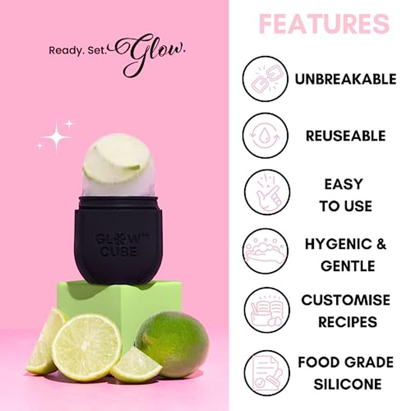 Glow Cube Ice Roller For Face Eyes and Neck To Brighten Skin & Enhance Your Natural Glow/Reusable Facial Tool to Tighten & Tone Skin & De-Puff The Eye Area (Black)