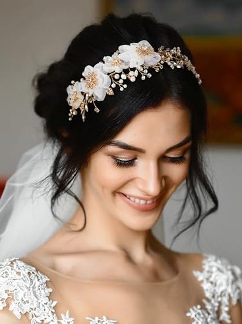 SWEETV Flower Wedding Headpieces for Bride Rhinestone Bridal Headband handmade bride hair vine wedding hair piece for bride hair accessories for Women and Girls Gold