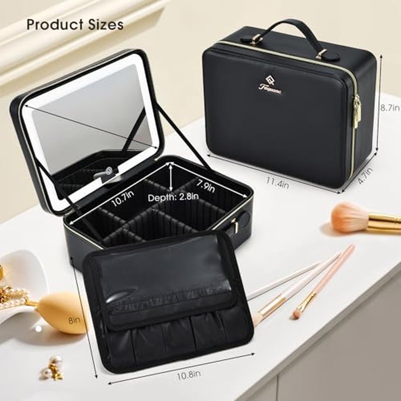 Faquenc 11.4 Inch Extra Large Makeup Bag with LED Lighted Mirror Leather Cosmetic Train Case Light up Mirror Portable Makeup Artist Storage Bag with Dividers Makeup Brush Holder Present Box Black