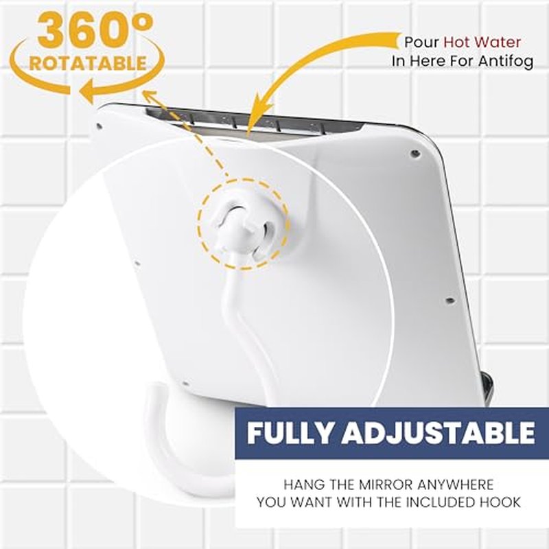 MIRRORVANA Fogless Shower Mirror for Shaving with Razor Holder and Dual Anti Fog Design - Hook for Hanging - Shatterproof 8" x 7" Surface (Chrome)