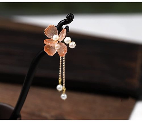 Yuri Hairpin Hair Clasp Sticks Picks Pearl Shell White Crystal Long tassels Hair Accessories For Long Hair Women Wedding Hanfu Cheongsam (Black ebony orange flower)