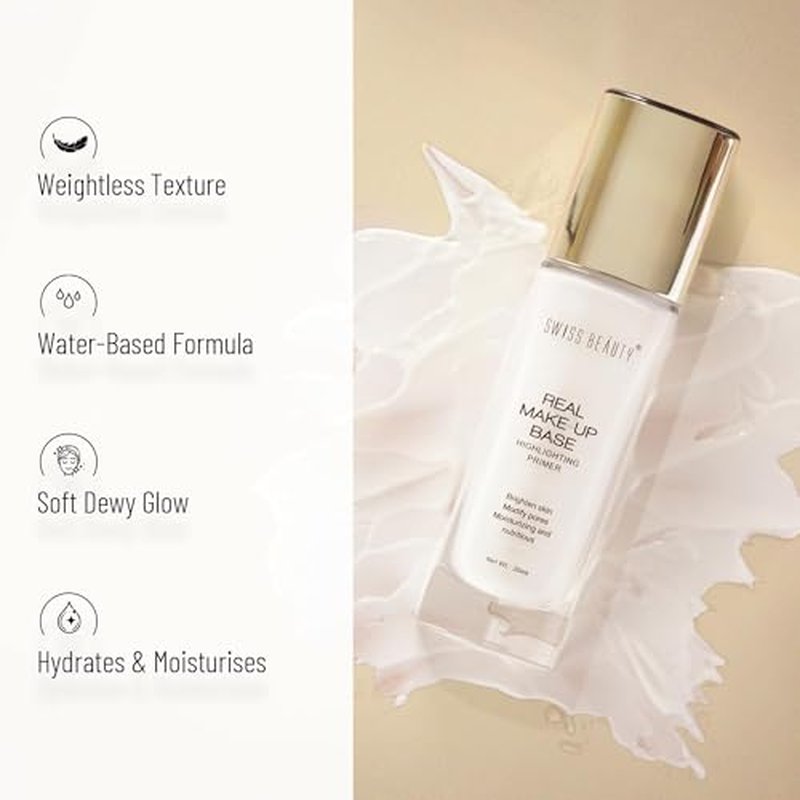 Real Makeup Base Highlighting Primer| Skin-Hydrating Poreless Strobe Cream With Natural Glow Finish For Face Makeup (Golden-Tint, 32ML)