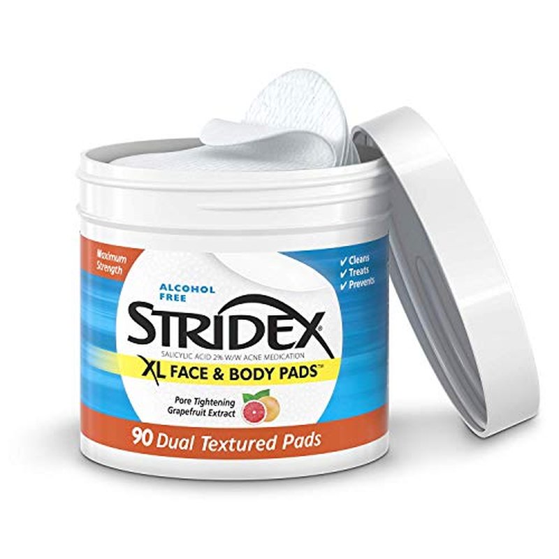 Stridex XL Face & Body Pads, 90 Count, Maximum Strength, Facial Cleansing Wipes, Alcohol-Free Face Pads, Acne Treatment for Face & Body, Dual Textured Pads, Smooth Application