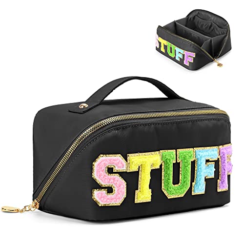 LONEDREAM Stoney Clover Preppy Makeup Bag, Large Capacity Travel Cosmetic Bag, Chenille Letter Open Flat Nylon Stuff Makeup Bag, Preppy Patch Better Belt Everything Makeup Bag(White)
