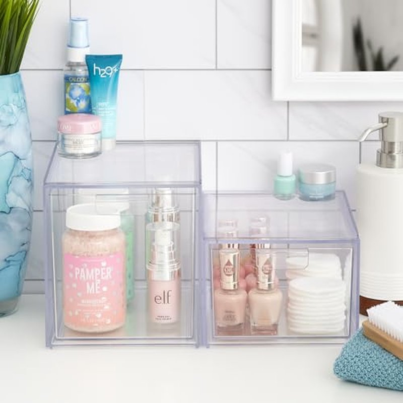 STORi Audrey Stackable Clear Bin Plastic Organizer Drawers | 2 Piece Set | Organize Cosmetics and Beauty Supplies on a Vanity | Made in USA
