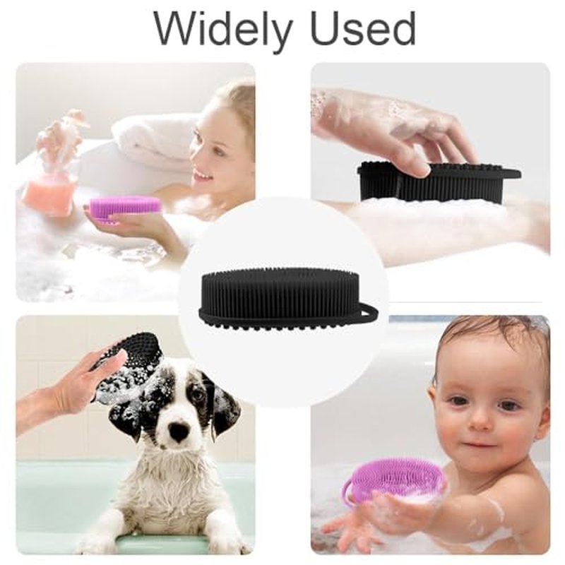 Soft Silicone Body Shower， Exfoliating Silicone Body Scrubber, Silicone Loofah 2 in 1 Bath and Shampoo Brush, Body Scrubber Shower Easy to Clean for Sensitive Skin, Lather Well 2 PCS Black and Purple
