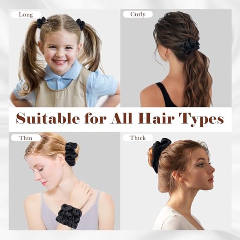 Gwabee 9 Pack Satin Hair Scrunchies for Women, No Damage Hair Ties Soft Scrunchie - Ideal Elastic Ponytail Holders for Curly Thick Hair, 3 Sizes Scrunchies Accessories Set for Women Girls (Black)
