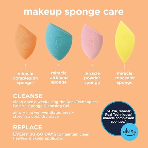 Real Techniques Miracle Complexion Sponge, Beauty Sponge For Makeup Blending & Foundation Application, Streak Free Full Coverage Finish, 1 Count (Pack of 2)