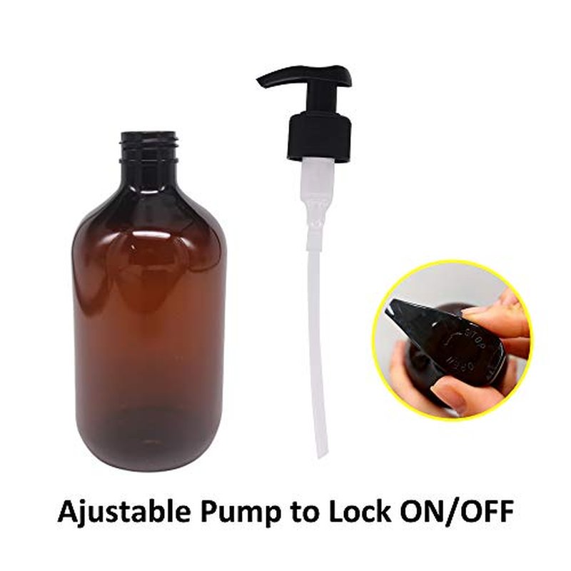 zmybcpack 4 Pack 16 OZ Empty Plastic Pump Lotion Bottles with 1 Pen, Labels & Silicone Funnel, Amber Color Lotion Dispenser with Locking Pump for Body Wash, Shampoo, Massage Lotion, Gel