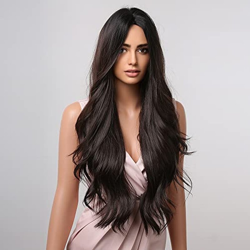 MAGQOO Black Wig for Women Middle Part Long Curly Wavy Black Wig Synthetic Heat Resistant