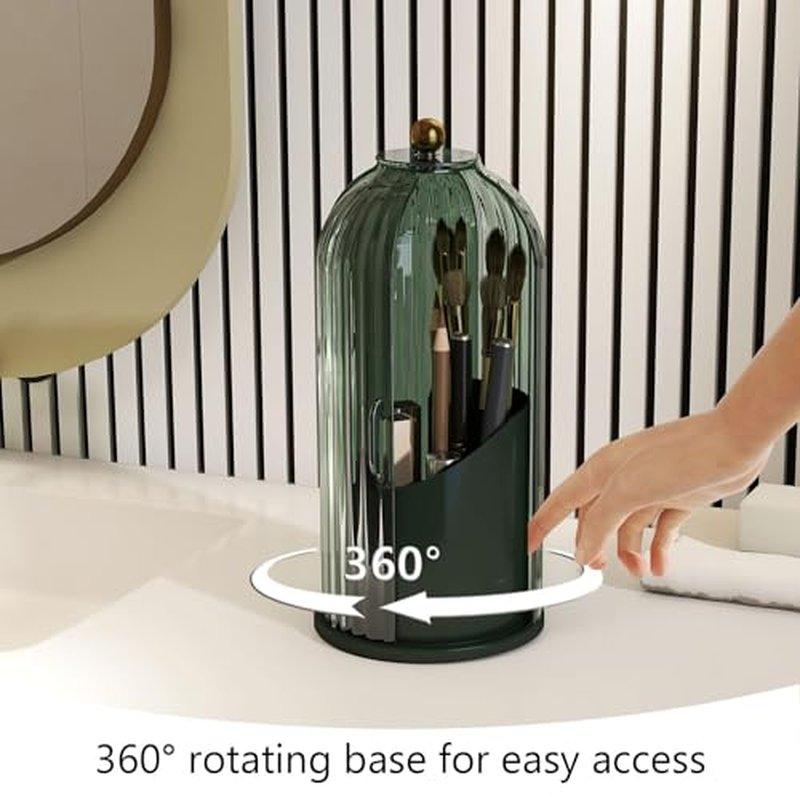 Emljkvp Makeup Brush Holder with Dustproof Cover 360 Rotating Makeup Brush Organizer for Vanity Bathroom, All Black