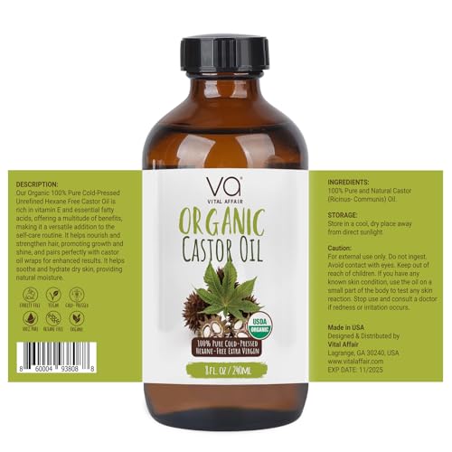 VITAL AFFAIR Castor Oil Organic Cold Pressed Unrefined Glass Bottle- USDA Certified Organic Castor Oil For Castor Oil Pack Wrap-Castor Oil For Skin, Hair Growth, Eyelashes, Eyebrows & Nails-8 Fl Oz