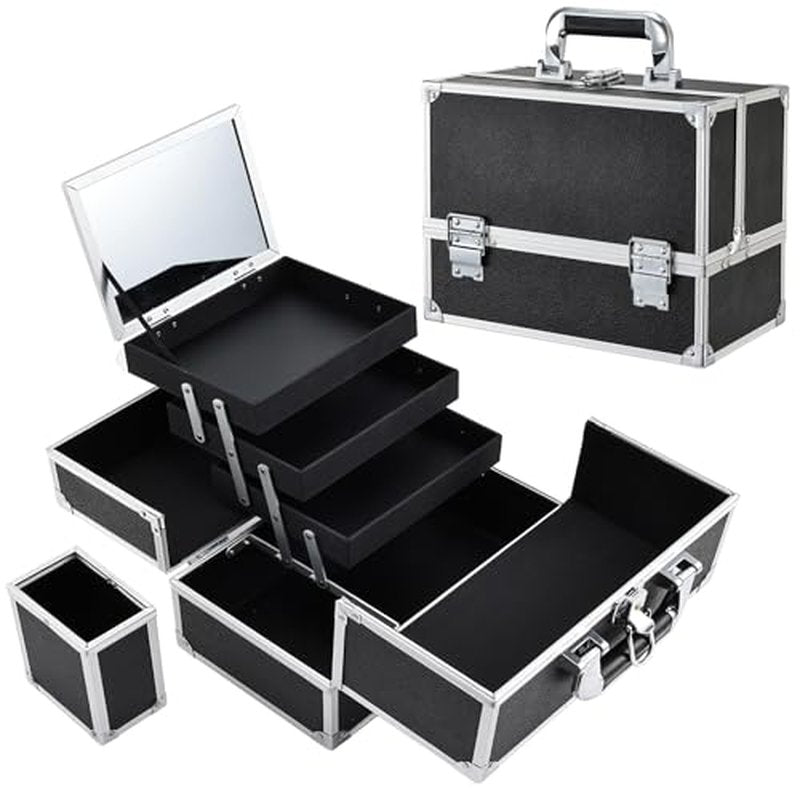FRENESSA Makeup Train Case 11.8 Inch Extra Large Makeup Organizer Case 3 Trays with Mirror Cosmetic Travel Storage Box for Makeup Artist Nail Art Tech Sewing Supplies Travel Case Black Floral