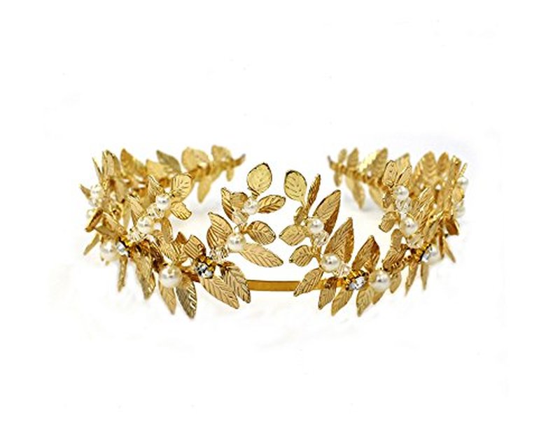 OUMOU The White Ribbon at the 2 Ends for Tying a Bow Hair Accessory Roman Goddess Leaf Branch Dainty Pearls Bridal Headpiece Head Dress Boho Alice Band with Crystal (Rose Gold, 16")